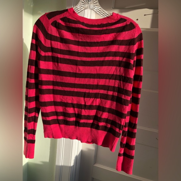 LOFT Ribbon Stripe Crewneck Cardigan Sweater Pink, Brown Rabbit Hair blend M - Picture 2 of 6